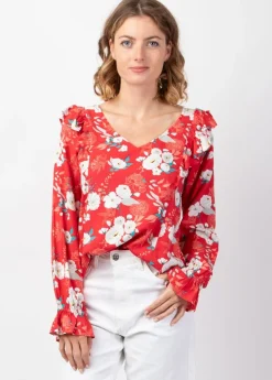 Best Sale Coton Du Monde Top manches longues en viscose CASSIOPEE motif fleuri lumineux rouge Bouquet Rouge