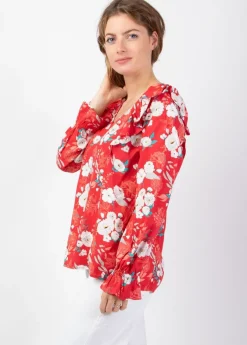 Best Sale Coton Du Monde Top manches longues en viscose CASSIOPEE motif fleuri lumineux rouge Bouquet Rouge