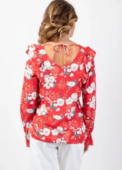 Best Sale Coton Du Monde Top manches longues en viscose CASSIOPEE motif fleuri lumineux rouge Bouquet Rouge