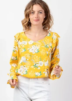 Shop Coton Du Monde Top manches longues en viscose CASSIOPEE imprimé fleuri lumineux jaune Bouquet Jaune