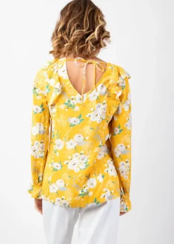 Shop Coton Du Monde Top manches longues en viscose CASSIOPEE imprimé fleuri lumineux jaune Bouquet Jaune