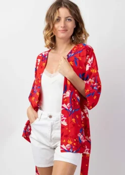 Discount Coton Du Monde Veste courte esprit kimono AYAKO motif fleuri rouge Pétale